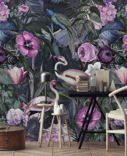 papel de parede de flamingo floral roxo escuro, azul e verde papel de parede de flamingo floral roxo escuro, azul e verde