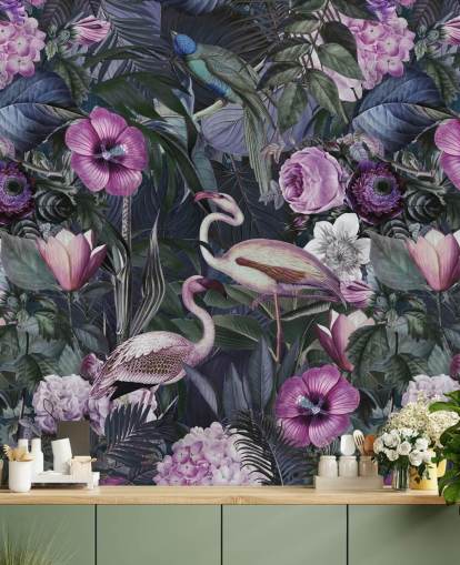 dark purple, blue and green floral flamingo wallpaper dark purple, blue and green floral flamingo wallpaper