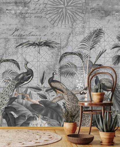 mural gris ilustrado de pavos reales llamado Peacocks Clan 4 de Andrea Haase para dormitorios y salas de estar mural gris ilustrado de pavos reales llamado Peacocks Clan 4 de Andrea Haase para dormitorios y salas de estar