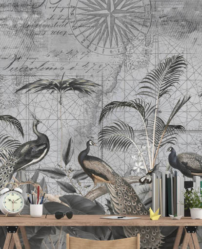 grey illustrated peacocks wallpaper mural called Peacocks Clan 4 by Andrea Haase for bedrooms and living rooms grey illustrated peacocks wallpaper mural called Peacocks Clan 4 by Andrea Haase for bedrooms and living rooms