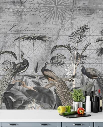 Grau illustrierte Pfauentapete namens Peacocks Clan 4 von Andrea Haase für Schlafzimmer und Wohnzimmer Grau illustrierte Pfauentapete namens Peacocks Clan 4 von Andrea Haase für Schlafzimmer und Wohnzimmer