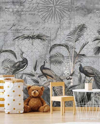 mural de papel de parede de pavões ilustrados em cinza chamado Peacocks Clan 4 de Andrea Haase para quartos e salas de estar mural de papel de parede de pavões ilustrados em cinza chamado Peacocks Clan 4 de Andrea Haase para quartos e salas de estar