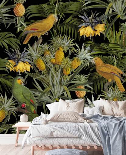 papel de parede de papagaios, abacaxis e folhas de palmeira na selva papel de parede de papagaios, abacaxis e folhas de palmeira na selva
