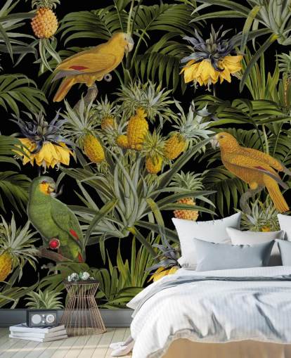 parrots, pineapples and palm leaves jungle wallpaper parrots, pineapples and palm leaves jungle wallpaper