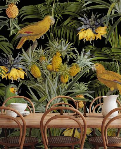 papegøjer, ananas og palmeblade jungle tapet papegøjer, ananas og palmeblade jungle tapet