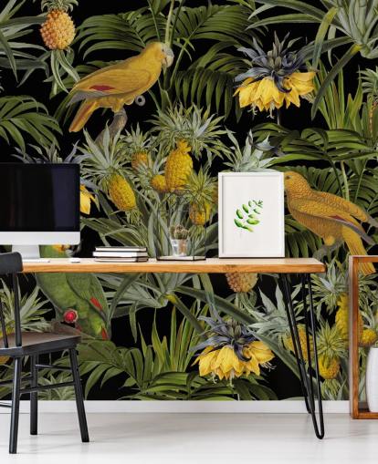 papier peint de la jungle avec des perroquets, des ananas et des feuilles de palmier papier peint de la jungle avec des perroquets, des ananas et des feuilles de palmier