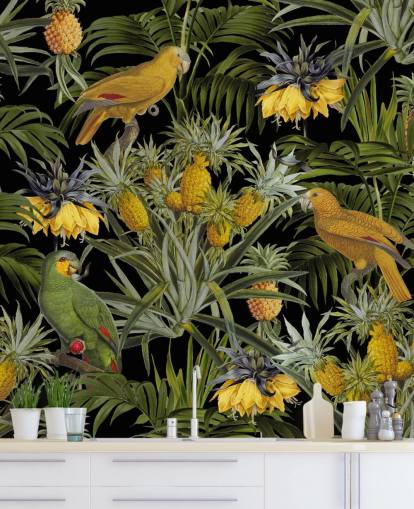 papier peint de la jungle avec des perroquets, des ananas et des feuilles de palmier papier peint de la jungle avec des perroquets, des ananas et des feuilles de palmier