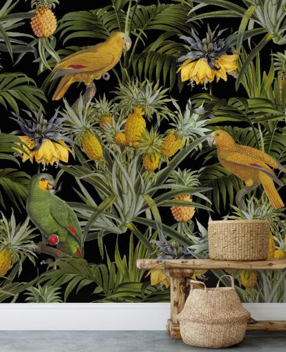 parrots, pineapples and palm leaves jungle wallpaper parrots, pineapples and palm leaves jungle wallpaper
