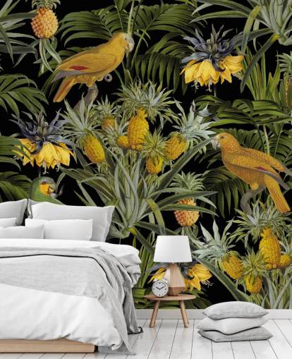 papel de parede de papagaios, abacaxis e folhas de palmeira na selva papel de parede de papagaios, abacaxis e folhas de palmeira na selva