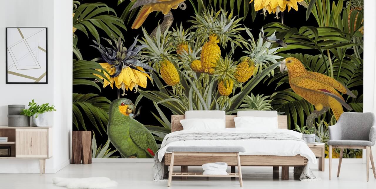 parrots, pineapples and palm leaves jungle wallpaper parrots, pineapples and palm leaves jungle wallpaper