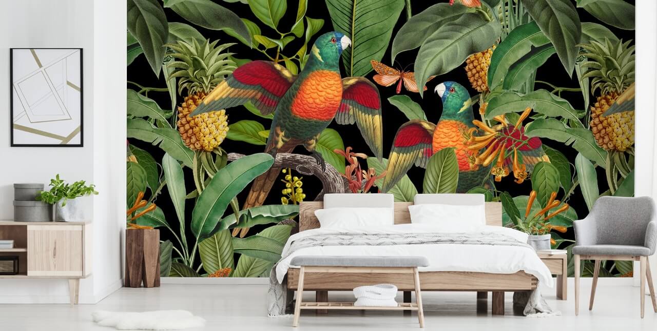 parrots, moths and jungle wallpaper