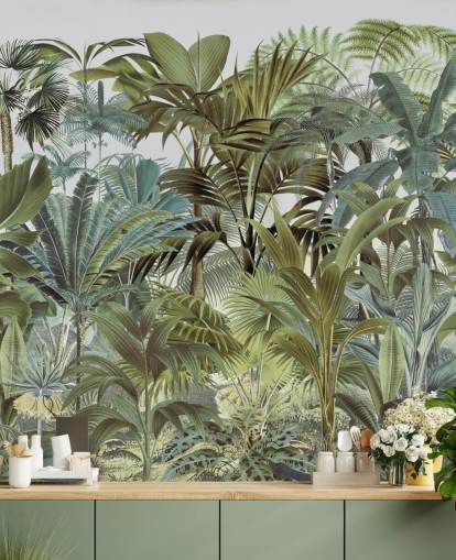 papier peint mural vintage vert personnalisé en feuille de palmier appelé Tropical Landscape 2 par Andrea Haase pour chambres papier peint mural vintage vert personnalisé en feuille de palmier appelé Tropical Landscape 2 par Andrea Haase pour chambres