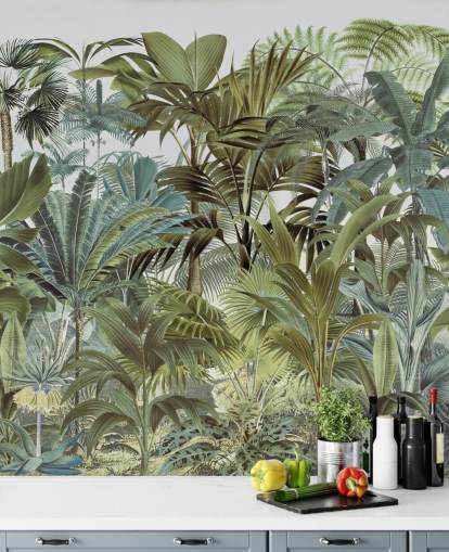 mural de papel de parede de selva de folhas de palmeira personalizado verde vintage chamado Tropical Landscape 2 de Andrea Haase para quartos mural de papel de parede de selva de folhas de palmeira personalizado verde vintage chamado Tropical Landscape 2 de Andrea Haase para quartos