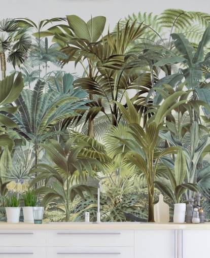 vintage grønt tilpasset palmebladjungel tapetmaleri kalt Tropical Landscape 2 av Andrea Haase for soverom vintage grønt tilpasset palmebladjungel tapetmaleri kalt Tropical Landscape 2 av Andrea Haase for soverom