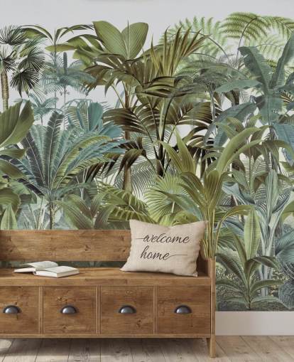 mural de papel de parede de selva de folhas de palmeira personalizado verde vintage chamado Tropical Landscape 2 de Andrea Haase para quartos mural de papel de parede de selva de folhas de palmeira personalizado verde vintage chamado Tropical Landscape 2 de Andrea Haase para quartos