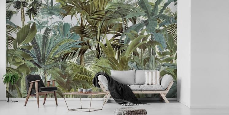 vintage grønt brugerdefineret palmebladjungle-tapetmaleri kaldet Tropical Landscape 2 af Andrea Haase til soveværelser