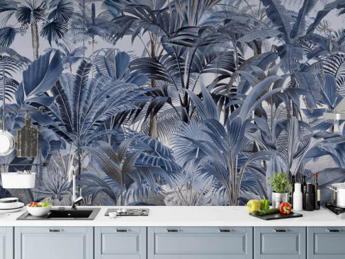 blauw palmblad jungle behang