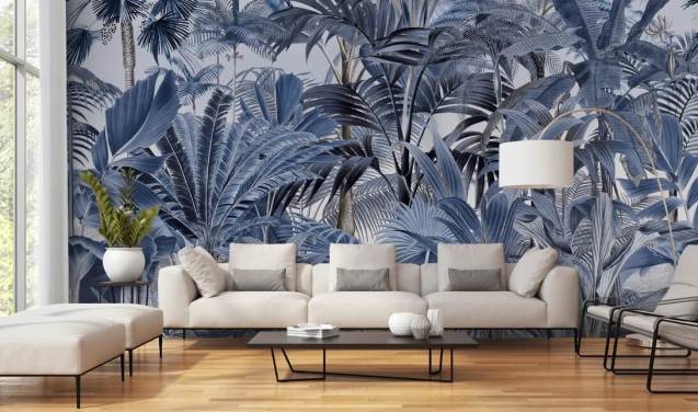 blauw palmblad jungle behang