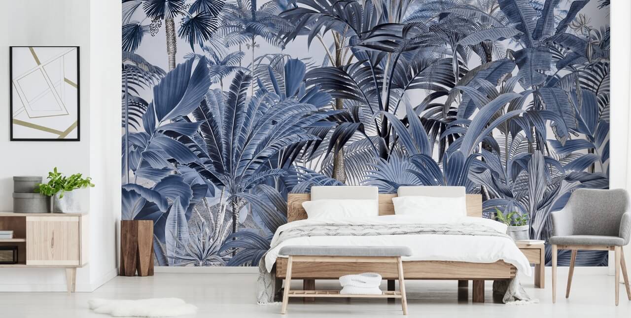 blauw palmblad jungle behang blauw palmblad jungle behang