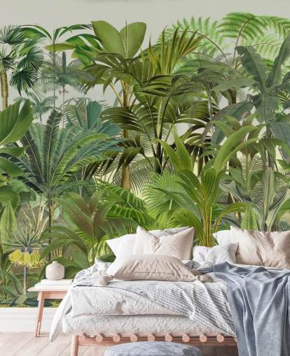 groene aanpasbare bladbehangmuurschildering genaamd Tropical Landscape van Andrea Haase voor lounges groene aanpasbare bladbehangmuurschildering genaamd Tropical Landscape van Andrea Haase voor lounges