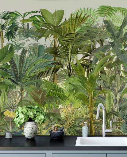 grüne, individuell gestaltbare Blatttapete namens Tropical Landscape von Andrea Haase für Lounges grüne, individuell gestaltbare Blatttapete namens Tropical Landscape von Andrea Haase für Lounges