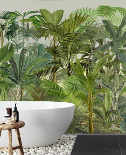 grüne, individuell gestaltbare Blatttapete namens Tropical Landscape von Andrea Haase für Lounges grüne, individuell gestaltbare Blatttapete namens Tropical Landscape von Andrea Haase für Lounges