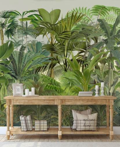 mural de papel de parede de folhas verdes personalizáveis chamado Tropical Landscape de Andrea Haase para lounges mural de papel de parede de folhas verdes personalizáveis chamado Tropical Landscape de Andrea Haase para lounges