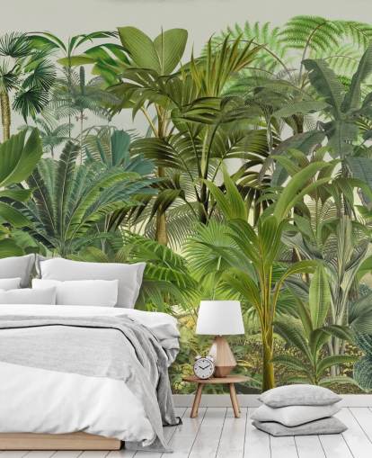 mural de papel de parede de folhas verdes personalizáveis chamado Tropical Landscape de Andrea Haase para lounges mural de papel de parede de folhas verdes personalizáveis chamado Tropical Landscape de Andrea Haase para lounges