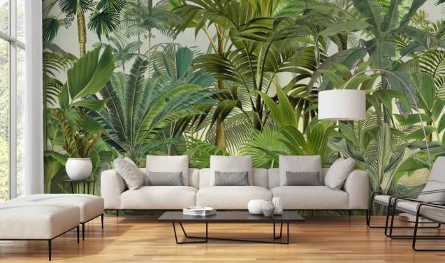 groene aanpasbare bladbehangmuurschildering genaamd Tropical Landscape van Andrea Haase voor lounges