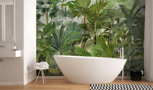 grønt tilpasseligt bladtapet vægmaleri kaldet Tropical Landscape af Andrea Haase til lounger