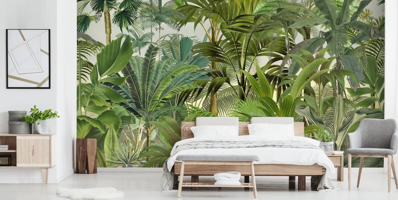 grønt tilpassbart bladtapet veggmaleri kalt Tropical Landscape av Andrea Haase for salonger