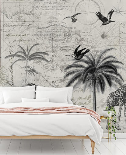 ilustração vintage selva preto e branco de árvores, girafa, elefante papel de parede ilustração vintage selva preto e branco de árvores, girafa, elefante papel de parede