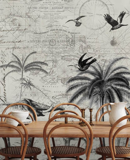 Schwarz-Weiß-Dschungel-Vintage-Illustration von Bäumen, Giraffen, Elefanten-Tapete Schwarz-Weiß-Dschungel-Vintage-Illustration von Bäumen, Giraffen, Elefanten-Tapete