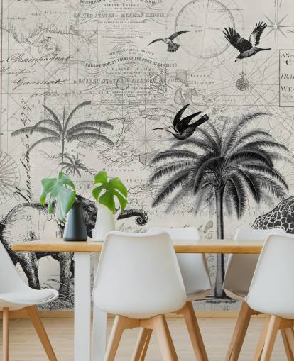 zwart-wit jungle vintage illustratie van bomen, giraf, olifantenbehang zwart-wit jungle vintage illustratie van bomen, giraf, olifantenbehang