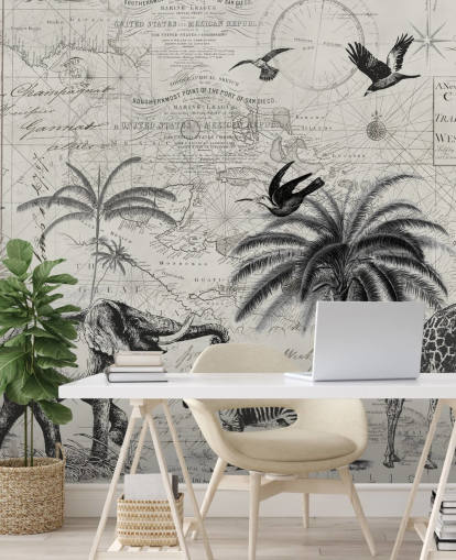 black and white jungle vintage illustration of trees, giraffe, elephant wallpaper black and white jungle vintage illustration of trees, giraffe, elephant wallpaper