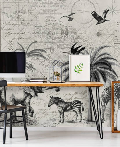 svart og hvit jungel vintage illustrasjon av trær, giraff, elefant tapet svart og hvit jungel vintage illustrasjon av trær, giraff, elefant tapet