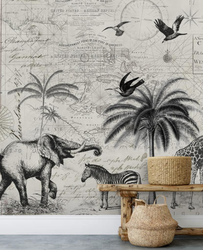 svart og hvit jungel vintage illustrasjon av trær, giraff, elefant tapet svart og hvit jungel vintage illustrasjon av trær, giraff, elefant tapet