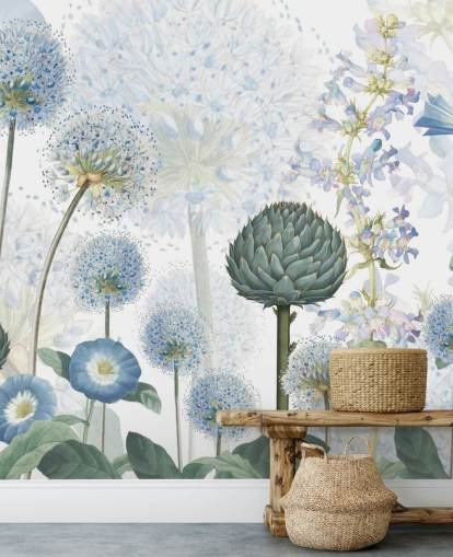 murale di carta da parati personalizzato blu e bianco con fiori di prato chiamato Blue Wild Meadow di Sir Edward per camere da letto murale di carta da parati personalizzato blu e bianco con fiori di prato chiamato Blue Wild Meadow di Sir Edward per camere da letto