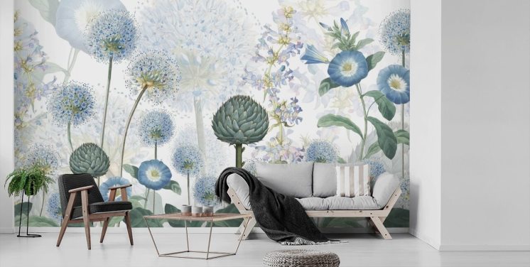 blå och vita anpassade ängblommor tapetväggmålning kallad Blue Wild Meadow av Sir Edward för sovrum