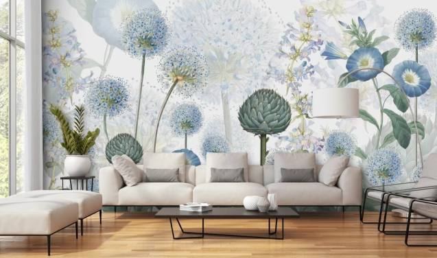 blå och vita anpassade ängblommor tapetväggmålning kallad Blue Wild Meadow av Sir Edward för sovrum