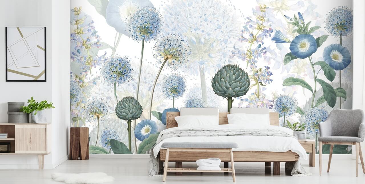 blue and white custom meadow flowers wallpaper mural called Blue Wild Meadow by Sir Edward for bedrooms