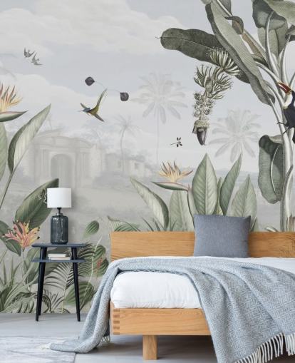 Weiße und grüne anpassbare Vintage-Dschungel-Tapete namens Botanical Beauty von Sir Edward für das Wohnzimmer Weiße und grüne anpassbare Vintage-Dschungel-Tapete namens Botanical Beauty von Sir Edward für das Wohnzimmer