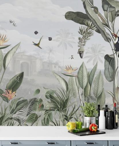 valkoinen ja vihreä muokattava vintage-viidakon taustakuva nimeltä Sir Edward Botanical Beauty olohuoneeseen valkoinen ja vihreä muokattava vintage-viidakon taustakuva nimeltä Sir Edward Botanical Beauty olohuoneeseen