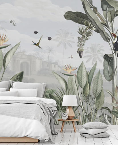 hvid og grøn tilpasselig vintage jungle tapet kaldet Botanical Beauty af Sir Edward til stuen hvid og grøn tilpasselig vintage jungle tapet kaldet Botanical Beauty af Sir Edward til stuen