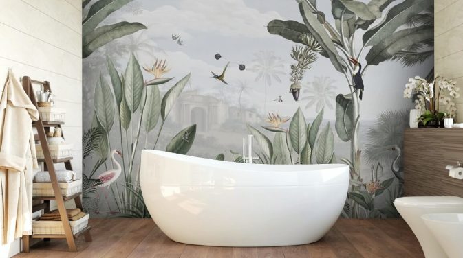 hvitt og grønt tilpassbart vintage jungel tapet kalt Botanical Beauty av Sir Edward for stuen