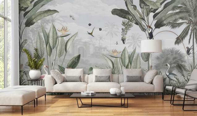 hvid og grøn tilpasselig vintage jungle tapet kaldet Botanical Beauty af Sir Edward til stuen