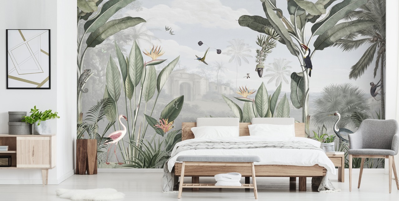 white and green customisable vintage jungle wallpaper called Botanical Beauty by Sir Edward for living room