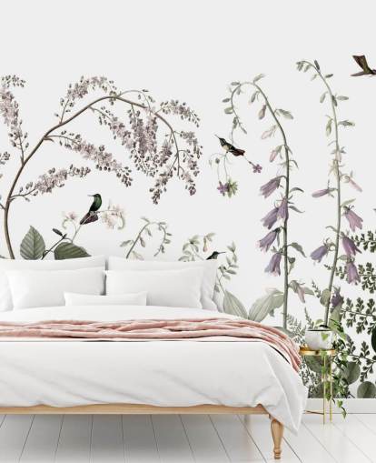 pale green, pink and white botanicals with hummingbirds wall mural pale green, pink and white botanicals with hummingbirds wall mural