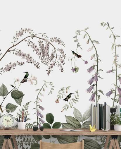 blek grønn, rosa og hvite planter med kolibrier veggmaleri blek grønn, rosa og hvite planter med kolibrier veggmaleri