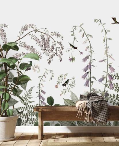 blek grønn, rosa og hvite planter med kolibrier veggmaleri blek grønn, rosa og hvite planter med kolibrier veggmaleri